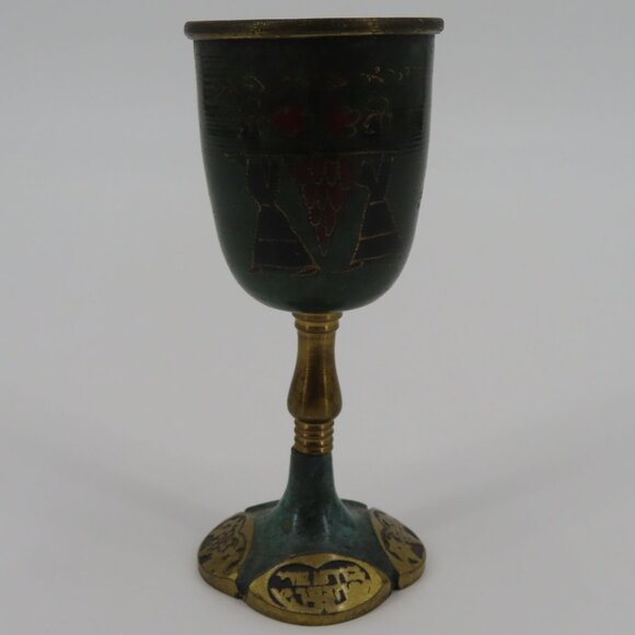 VTG Hakuli Hand Painted Brass Metal Goblet 4.5in Made in Israel Chalice Cup - Picture 10 of 10